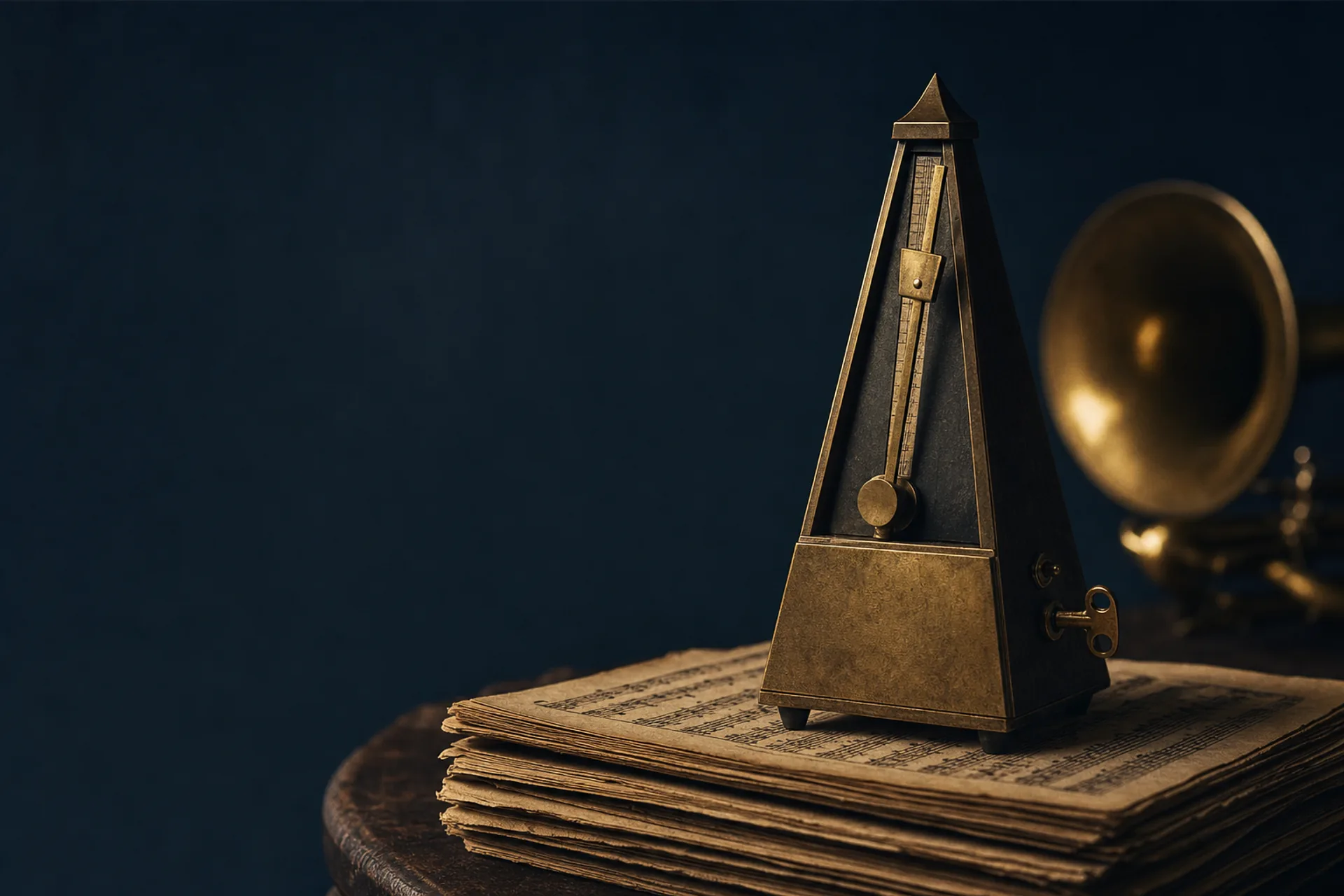 Métronome mécanique de laiton posé sur une pile de partitions usées, dans une pièce bleu nuit.