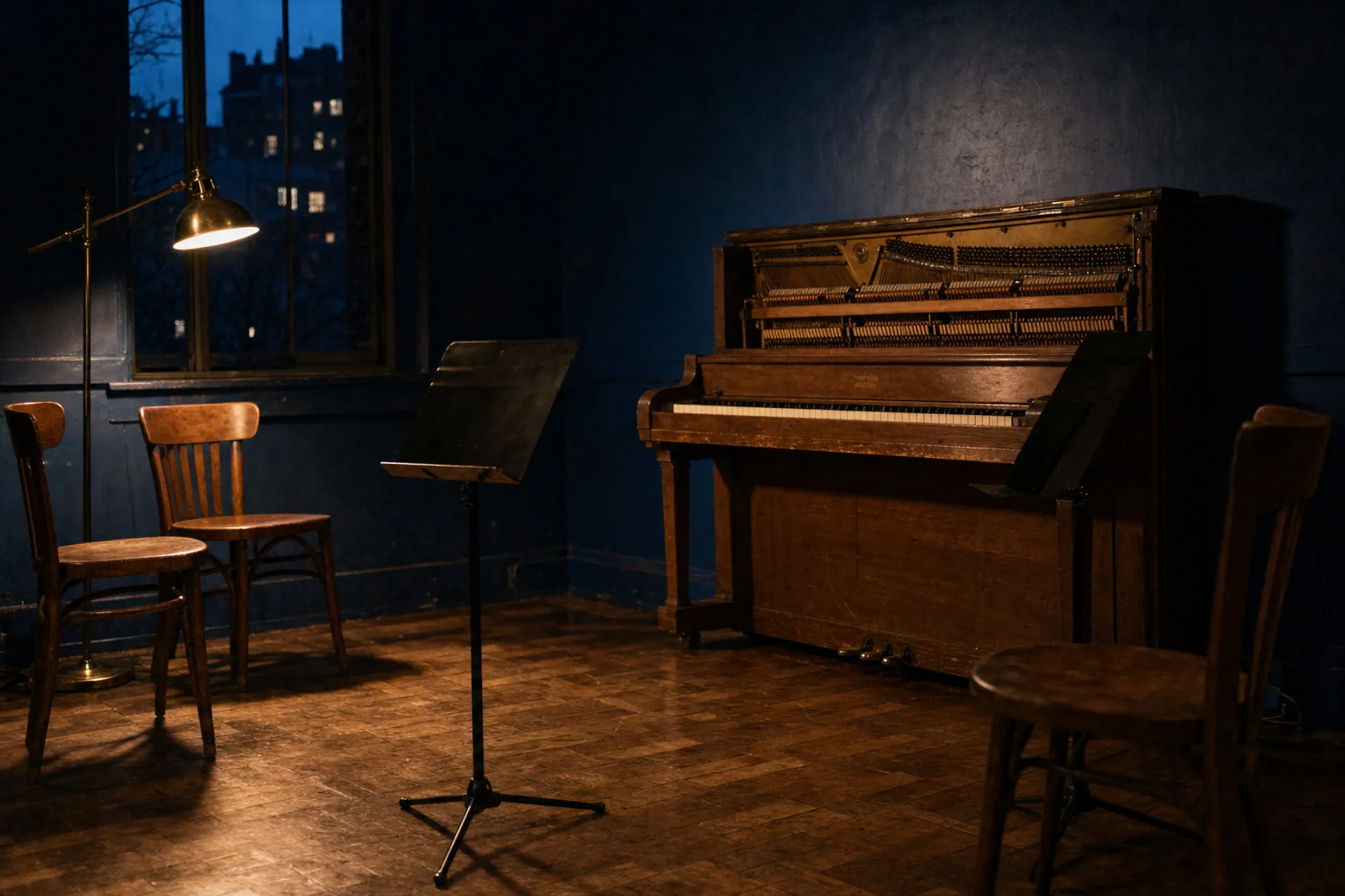 Salle de répétition à la tombée du jour&nbsp;: un piano droit ouvert, des chaises en bois et un pupitre, éclairés par une lampe de laiton.