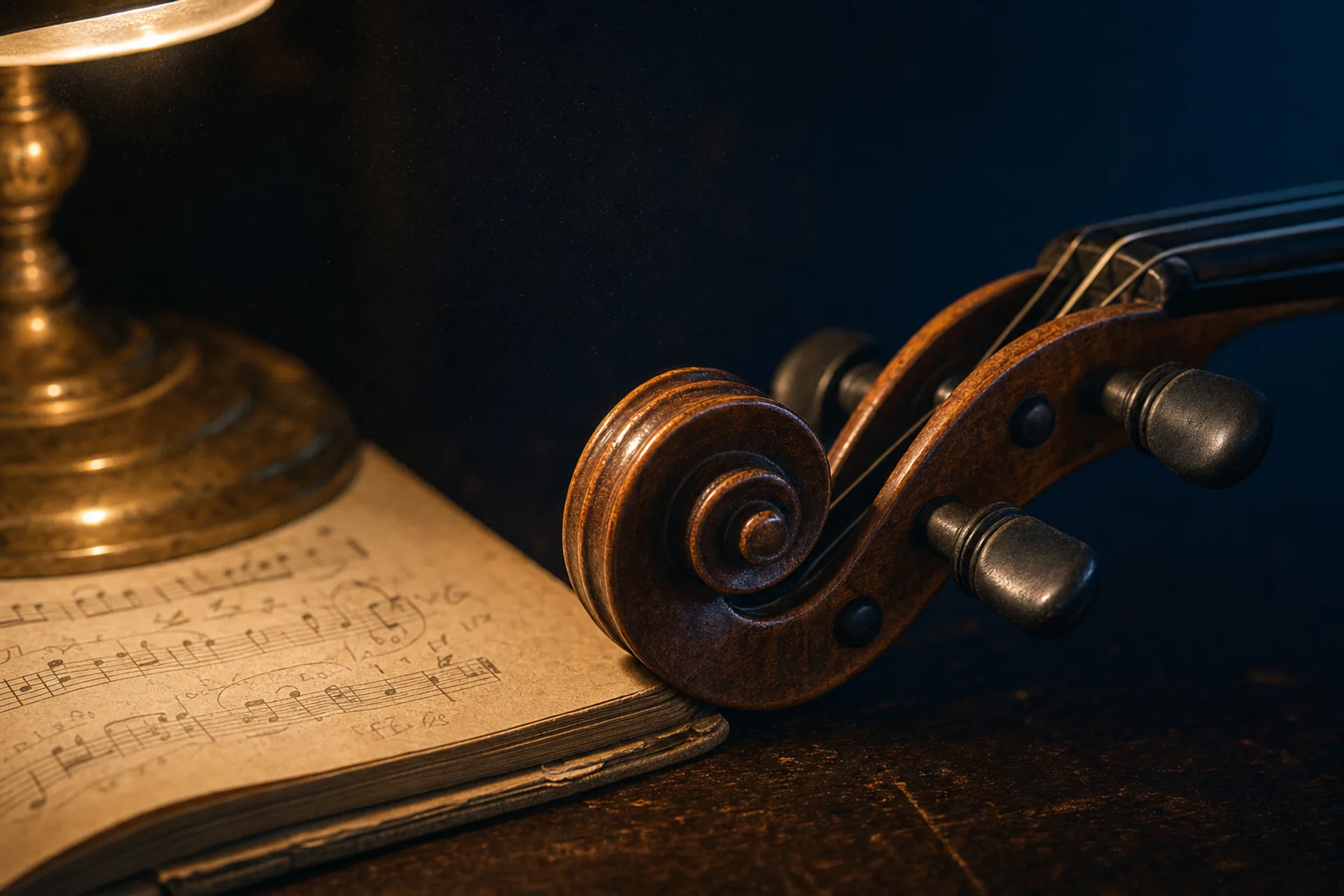 Volute de violon posée près d’un cahier de musique annoté au crayon, sous une lampe de laiton.